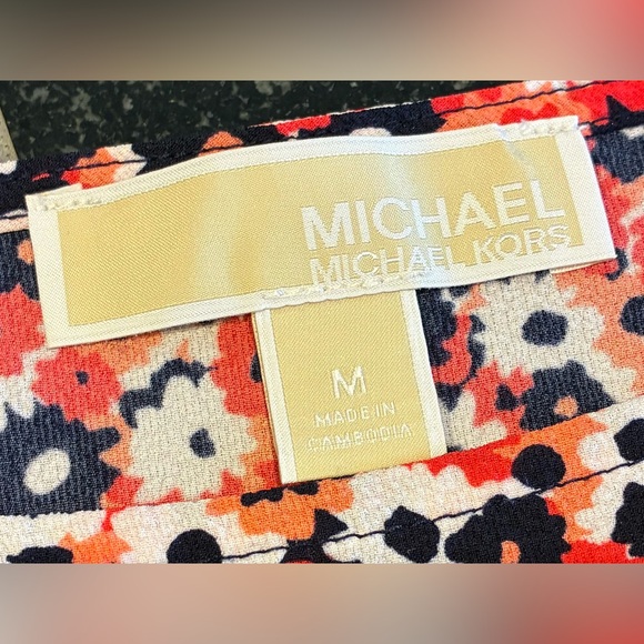 Michael Kors Blouse Tab 1/2sleeves Smocked Waist Geranium Red White Navy SZ. Med - Picture 3 of 13